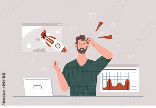 Businessman depressed concept. Entrepreneur didnt succeed in project, unsuccessful startup. Man looks at graphs and charts, company has crisis and financial problems. Cartoon flat vector illustration