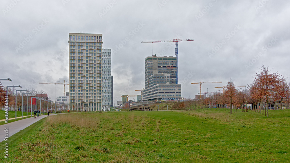 PArk spoor noord, city park in Antwerp with skyscrapers behind