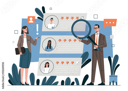 Choosing candidate concept. Girl and man with magnifying glass evaluate resumes of candidates for vacancy. HR managers looking for newcomers to expand companys staff. Cartoon flat vector illustration © Rudzhan