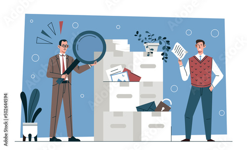 Data management concept. Men analyze documents, work with statistics and analytical department. Colleagues conduct marketing research. People with magnifying glass. Cartoon flat vector illustration