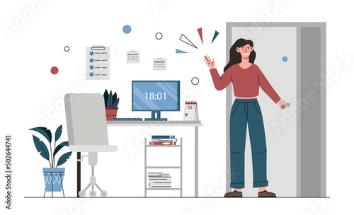 End of workday. Young girl leaves her workplace at 6 pm. Responsible employee, schedule of day. Evening rest after work. Happy office worker throws modern office. Cartoon flat vector illustration