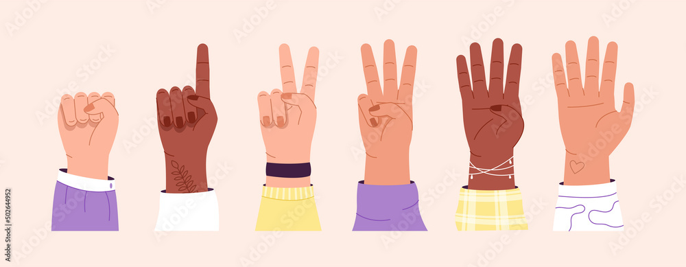 Hands counting concept. Collection of different human palms that show numbers from one to five. Mathematics, posters or banners for kids learning, education. Cartoon flat vector illustration