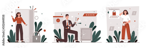 Getting to know set. Collection of elements with characters who remembered password, direction or personal data for authorization. Cartoon flat vector illustrations isolated on white background