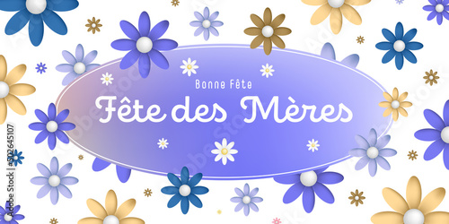 Texte : Fête des Mères, sur un cadre oval multi coloré entouré de jolies fleurs multi colorées et blanches sur un fond blanc,violet, bleu, marron et ocre