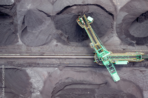 Coal Mine Aerial View. Extractive industry for black coal, top view aerial drone.