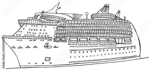 Cruise liner isolated on white background hand drawn illustration. Converting hand-drawn ink sketch into vector.