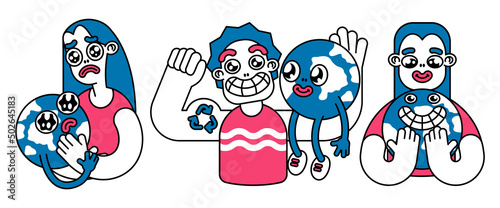 A set of cartoon-style images on an environmental theme. Young people, of different sexes, interact with the planet Earth. Vector illustration.