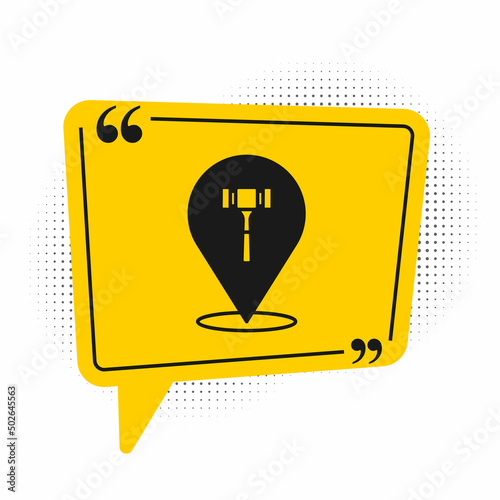 Black Auction hammer icon isolated on white background. Gavel - hammer of judge or auctioneer. Bidding process, deal done. Auction bidding. Yellow speech bubble symbol. Vector