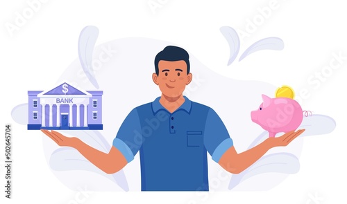 Man choosing between bank and piggybank, thinking about instrument for saving, planning budget. Money savings. investment. Bank loan and economy choice. Financial literacy. Vector design