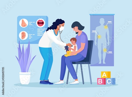 Checkup at children's doctor, neonatologist in hospital. Pediatrician examines sick kid with stethoscope. Child with mom at pediatrician office. Healthcare, child care, medical check up. Vector design