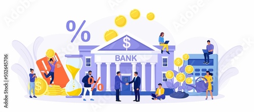 Bank building with money tree. Tiny People holds gold coins near Government Finance Department or Tax Office Column Building. Vector design