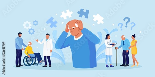 Senior patient suffering from Alzheimer's disease, getting medical help. Memory loss, brain illness treatment. Alzheimer disease, dementia, dotage concept. Neurology therapy, mental illness. Vector