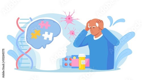 Senior patient hold his head and suffering from Alzheimer's disease, amnesia. Memory loss, brain illness treatment. Alzheimer disease, dementia, dotage concept. Neurology therapy, mental illness.