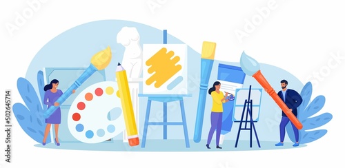 Artists painting with palette and brushes at easel. Art studio  open art classes  modern arts gallery. Watercolor or oil painting  creative hobby  workshop. People creating traditional artworks Vector