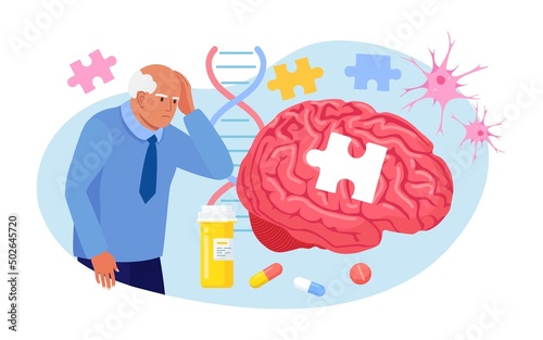 Senior patient hold his head and suffering from Alzheimer's disease, amnesia. Memory loss, brain illness treatment. Alzheimer disease, dementia, dotage concept. Neurology therapy, mental illness