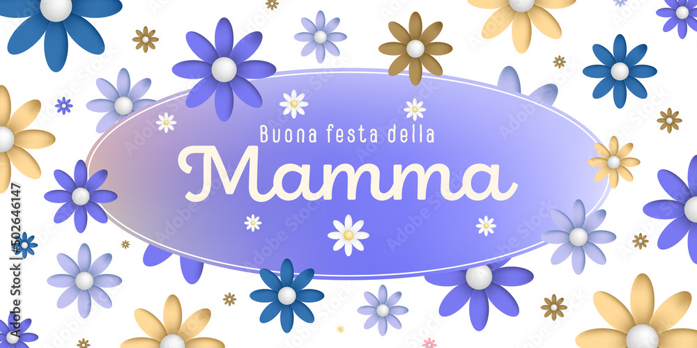 Italian text : Buona festa della Mamma, on an colorful oval frame with colorful blossoms on white background, purple,blue,brown and ocher