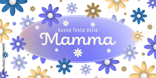 Italian text   Buona festa della Mamma  on an colorful oval frame with colorful blossoms on white background  purple blue brown and ocher