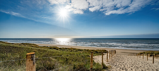 Foto auf Acrylglas Nordsee Ein Weg mit vielen Bahnen, begrenzt durch Holzpfähle auf der Sanddüne mit wildem Gras und Strand in Noordwijk an der Nordsee in Holland Niederlande - Panorama Meereslandschaft mit blauem Himmel und Wolken  © Corri Seizinger