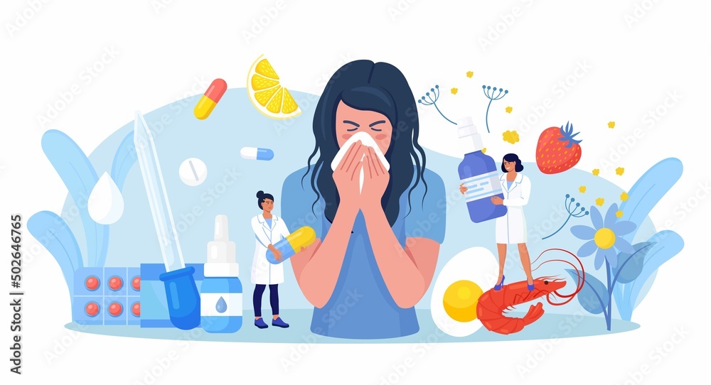 Woman with allergy from pollen, citrus, berry, shrimps, eggs. Runny nose and watery eyes. Seasonal disease. Illness with cough, cold, sneeze symptoms. Doctor treat allergy with medicines, pills Vector Woman with allergy from pollen, citrus, berry, shrimps, eggs. Runny nose and watery eyes. Seasonal disease. Illness with cough, cold, sneeze symptoms. Doctor treat allergy with medicines, pills Vector