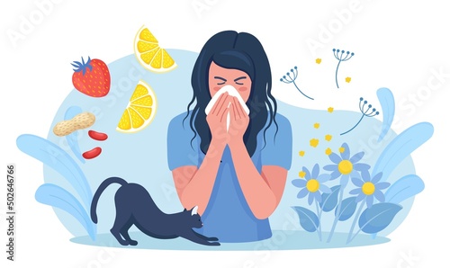 Woman with allergy from pollen, cat fur, citrus, peanuts or berry. Runny nose and watery eyes. Seasonal disease. Causes of allergy. Illness with cough, cold and sneeze symptoms. Vector design photo