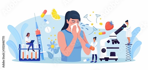 Woman with allergy from pollen, citrus, berry. Runny nose and watery eyes. Seasonal disease. Illness with cough, cold, sneeze symptoms. Doctor treat allergy with medicines, pills Examination in clinic