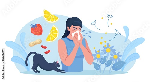 Woman with allergy from pollen, cat fur, citrus, peanuts or berry. Runny nose and watery eyes. Seasonal disease. Causes of allergy. Illness with cough, cold and sneeze symptoms. Vector design