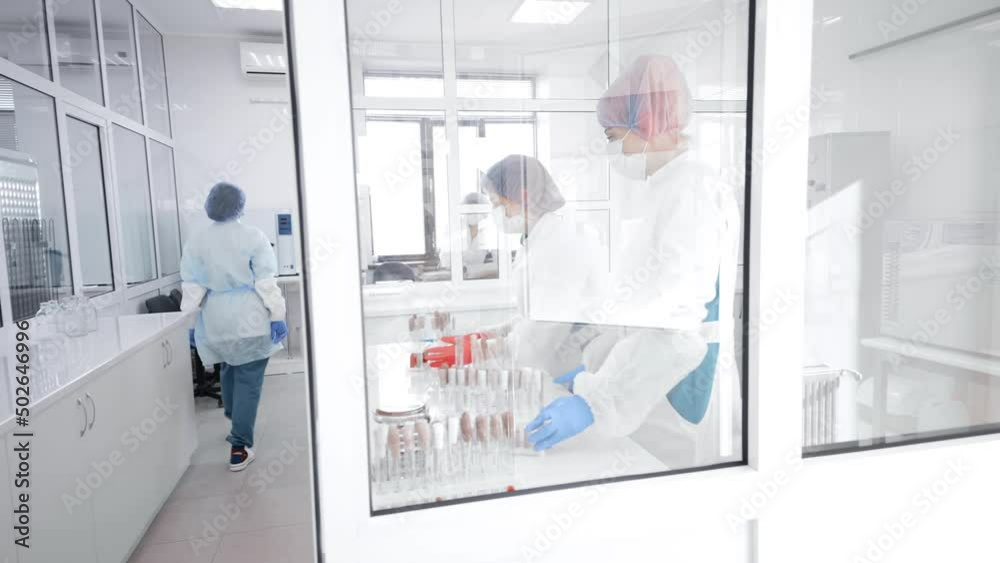group of employees and scientists of a modern biochemical laboratory doing tests and analyzes in their medical offices