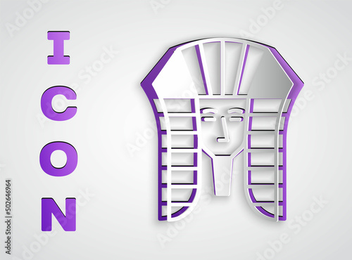 Paper cut Egyptian pharaoh icon isolated on grey background. Paper art style. Vector