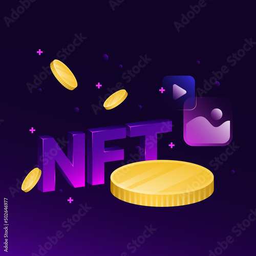 NFT Creative Illustration. Violet Background, Golden Coins. Vector illustration