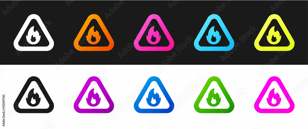 Set Fire flame in triangle icon isolated on black and white background. Warning sign of flammable product. Vector Set Fire flame in triangle icon isolated on black and white background. Warning sign of flammable product. Vector