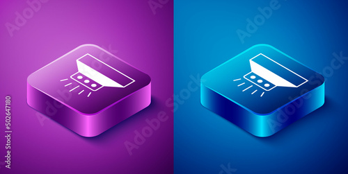 Isometric Fire sprinkler system icon isolated on blue and purple background. Sprinkler, fire extinguisher solid icon. Square button. Vector