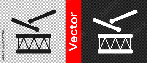 Black Drum with drum sticks icon isolated on transparent background. Music sign. Musical instrument symbol. Vector
