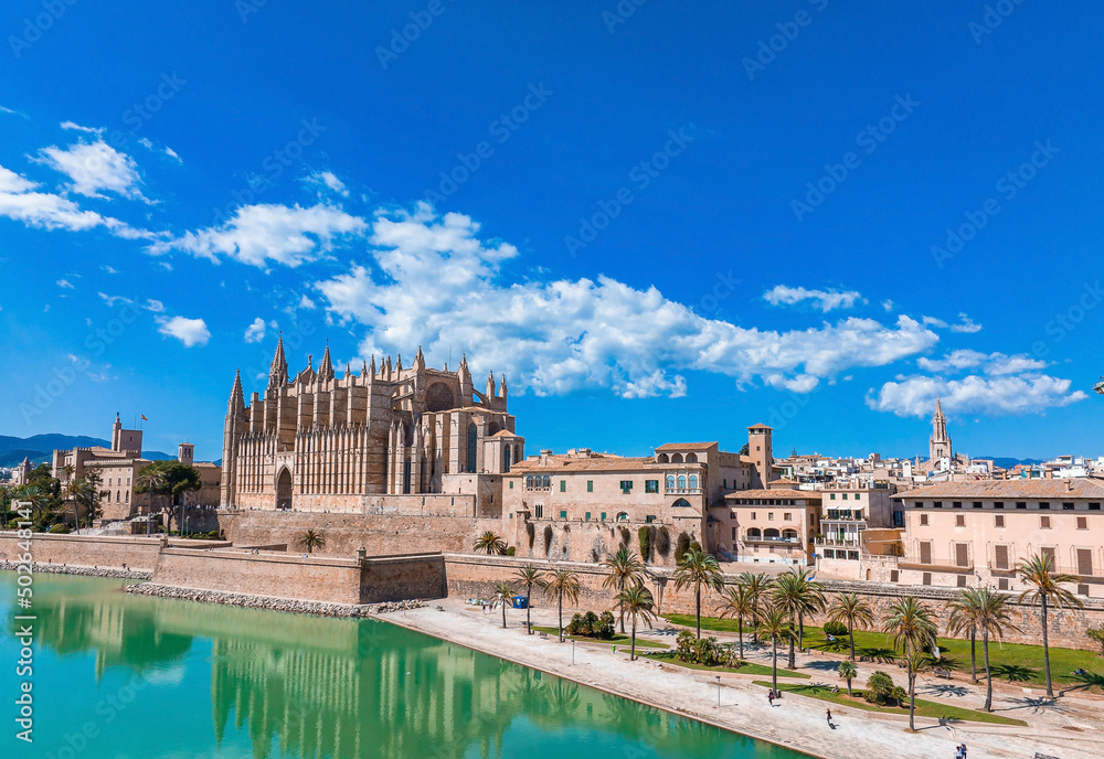 Aerial view of La Seu, the gothic medieval cathedral of Palma de Mallorca in Spain
