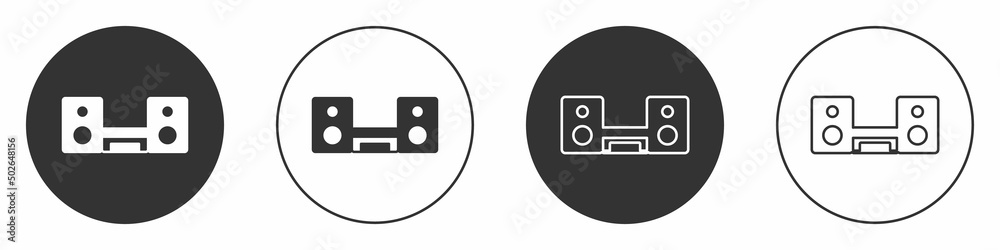 Black Home stereo with two speakers icon isolated on white background. Music system. Circle button. Vector Black Home stereo with two speakers icon isolated on white background. Music system. Circle button. Vector