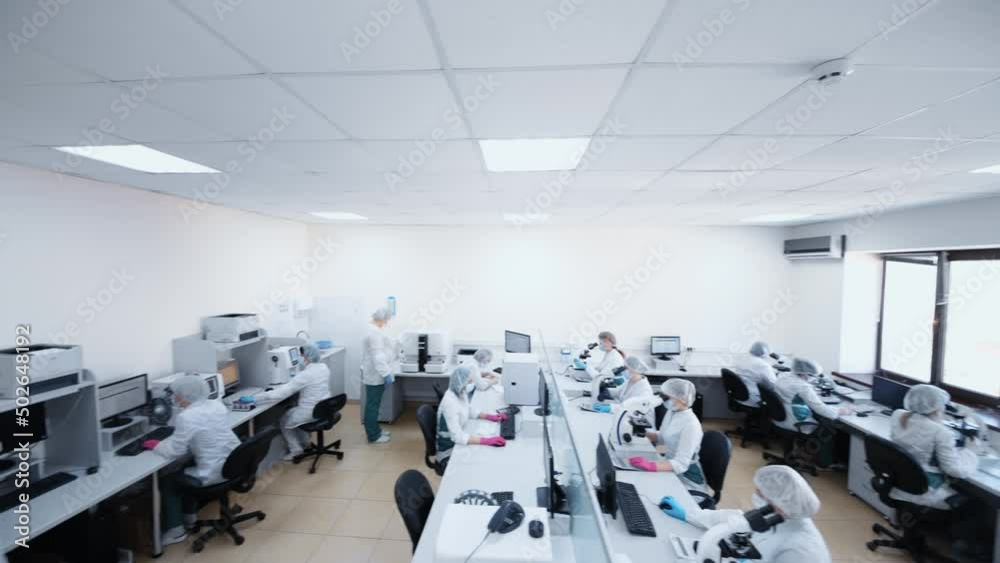 large group or team of laboratory scientists sit at microscopes and