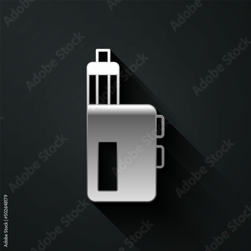 Silver Vape mod device icon isolated on black background. Vape smoking tool. Vaporizer Device. Long shadow style. Vector