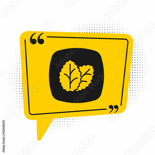 Black Tobacco leaf icon isolated on white background. Tobacco leaves. Yellow speech bubble symbol. Vector