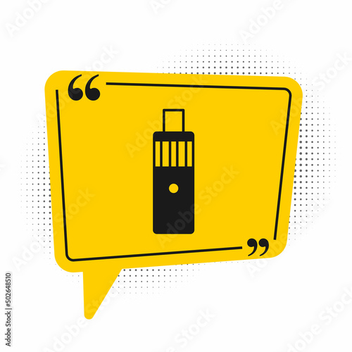 Black Vape mod device icon isolated on white background. Vape smoking tool. Vaporizer Device. Yellow speech bubble symbol. Vector