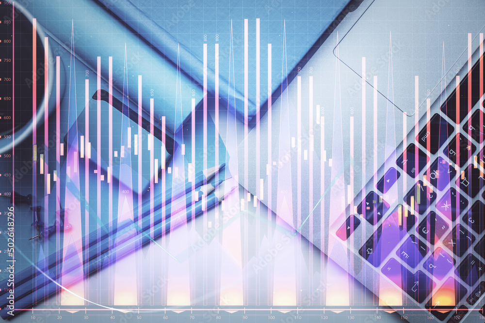Double exposure of forex graph drawing over desktop background with computer. Concept of financial analysis. Top view. Double exposure of forex graph drawing over desktop background with computer. Concept of financial analysis. Top view.