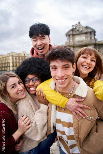 Photography Vertical Smiling selfie of a group of happy friends outdoors in the city