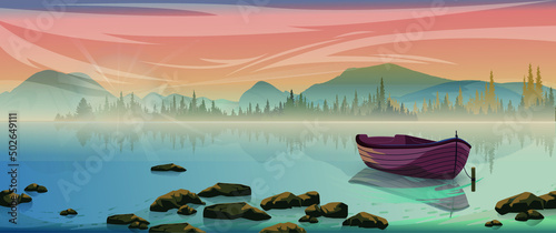 Small boat and  beautiful mountain lake in national park in the summer. 