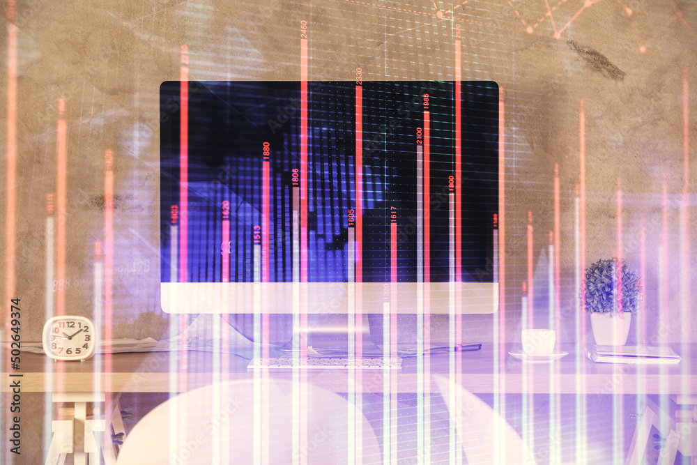 Multi exposure of financial graph drawing and office interior background. Concept of market analysis. Multi exposure of financial graph drawing and office interior background. Concept of market analysis.