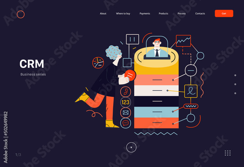 Technology Memphis -CRM Customer Relationship Management -modern flat vector concept digital illustration of data collecting from user and providing result data. Creative landing web page template