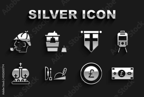 Set Robin hood hat, Tram and railway, Pound sterling money, Coin with pound, British crown, England flag pennant, Sherlock Holmes and Coffee cup to go icon. Vector