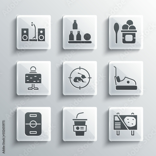 Set Paper glass with water, Amusement park billboard, Bumper car, Hunt on rabbit crosshairs, Hockey table, Magic ball, Home stereo two speakers and Ice cream in bowl icon. Vector