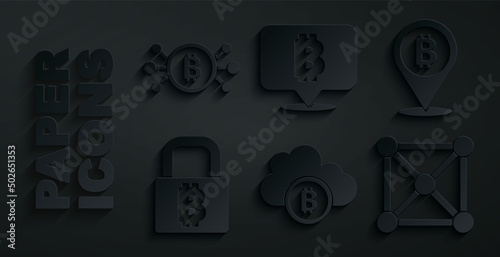 Set Cryptocurrency cloud mining, Bitcoin, Lock with bitcoin, Blockchain technology, and circuit icon. Vector