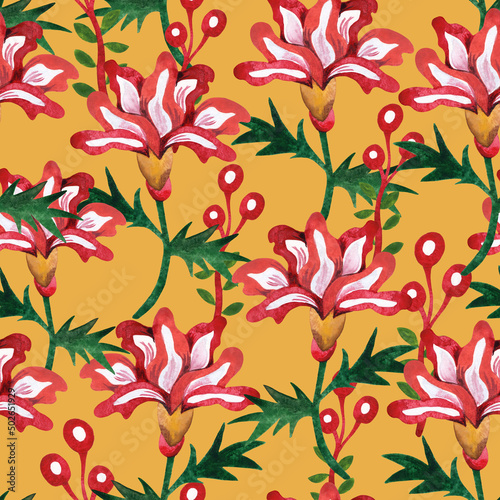 Seamless pattern of flowers, which are made in the style of avant-garde decorative arts of Ukraine in the early 20th century.