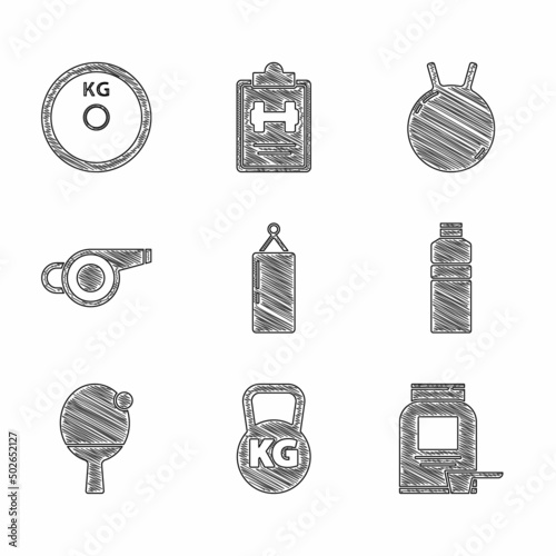 Set Punching bag, Kettlebell, Sports nutrition, Fitness shaker, Racket and ball, Whistle, and Weight plate icon. Vector