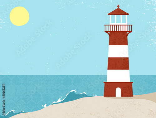 A lighthouse on the sand on a sunny day, in a cut paper style with textures
