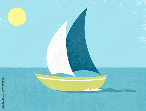 A sailboat on the open water on a sunny day, in a cut paper style with textures
